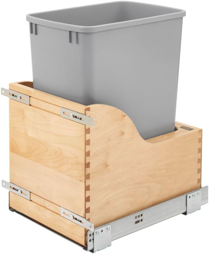 Rev-A-Shelf 4WCSC Single 32 Quart Reduced Depth Bottom Mount Waste Container Maple 4WCSC-1532DM16-1