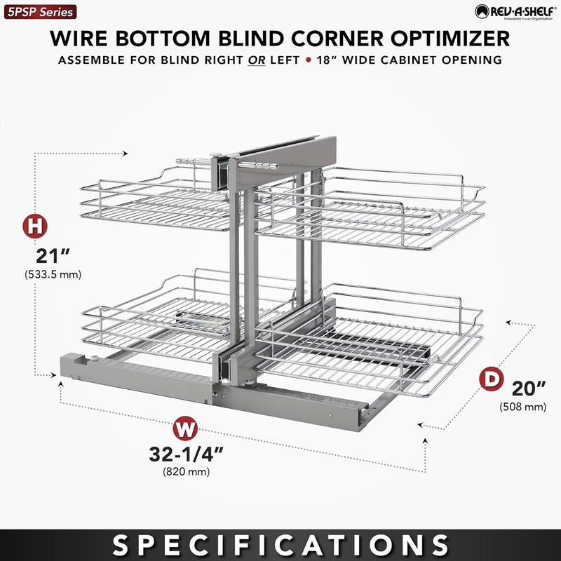 Rev-A-Shelf Dual Tier Pull Out Shelf Organizer for Blind Corner Cabinets w/Soft Close, 18", 4 Shelves, Chrome, 5PSP-18SC-CR - FREE DOMESTIC SHIPPING