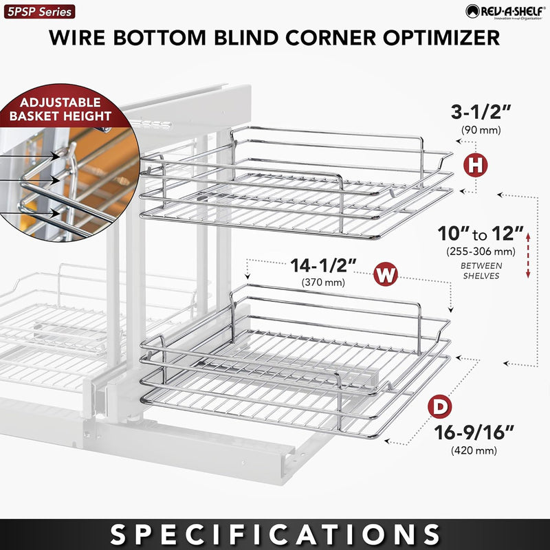 Rev-A-Shelf Dual Tier Pull Out Shelf Organizer for Blind Corner Cabinets w/Soft Close, 18", 4 Shelves, Chrome, 5PSP-18SC-CR - FREE DOMESTIC SHIPPING