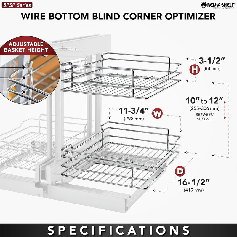 Rev-A-Shelf Dual Tier Pull Out Shelf Organizer for Blind Corner Cabinets w/Soft Close, 15", 4 Shelves, Chrome, 5PSP-15SC-CR - FREE DOMESTIC SHIPPING